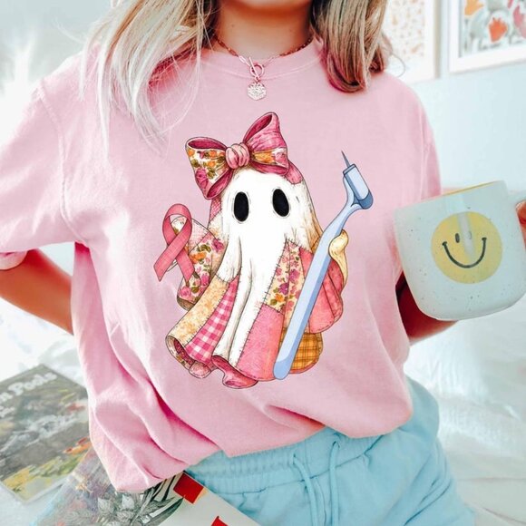 Tops - Ghost Dentist Breast Cancer Shirt, Dentist Halloween Shirt